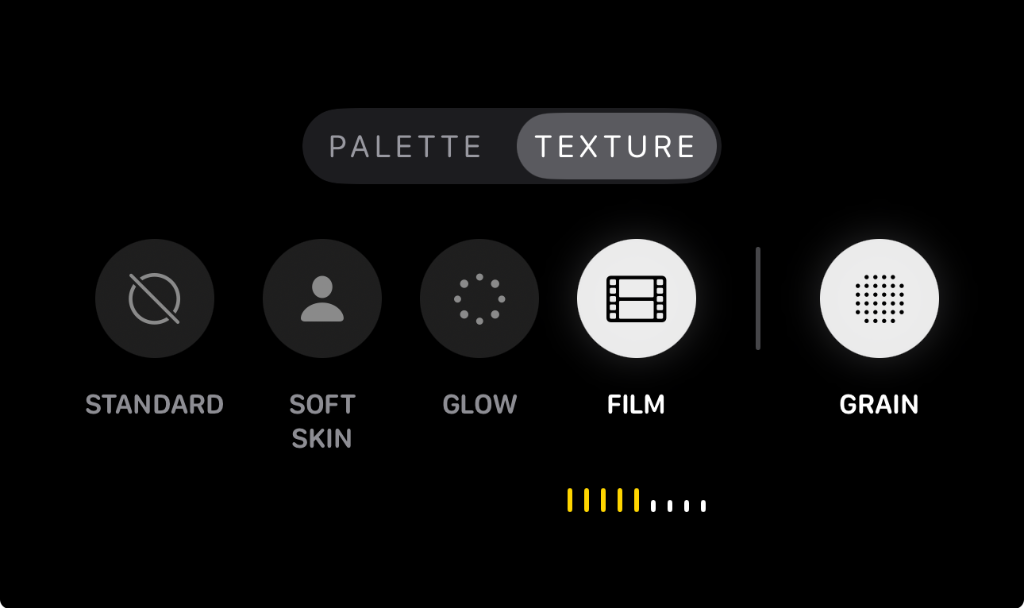 Apple Photos interface showing the Texture tab with Soft Skin, Glow, Film, and Grain Photographic Styles controls