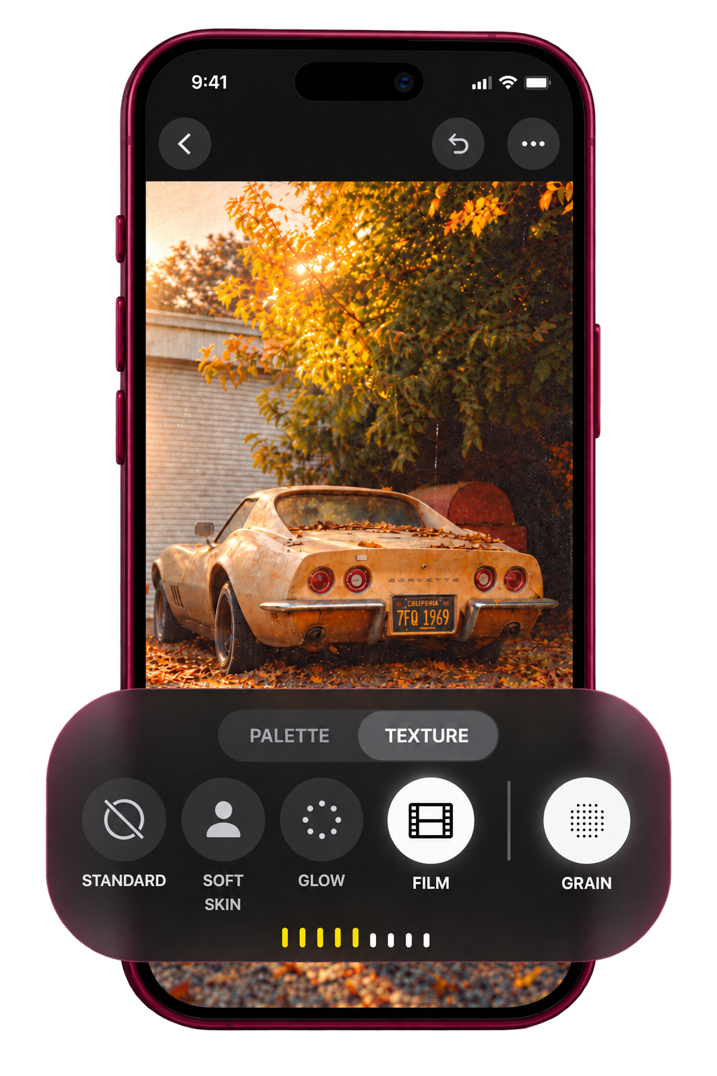 iPhone Photos-style interface showing Texture selected, with Film and Grain controls